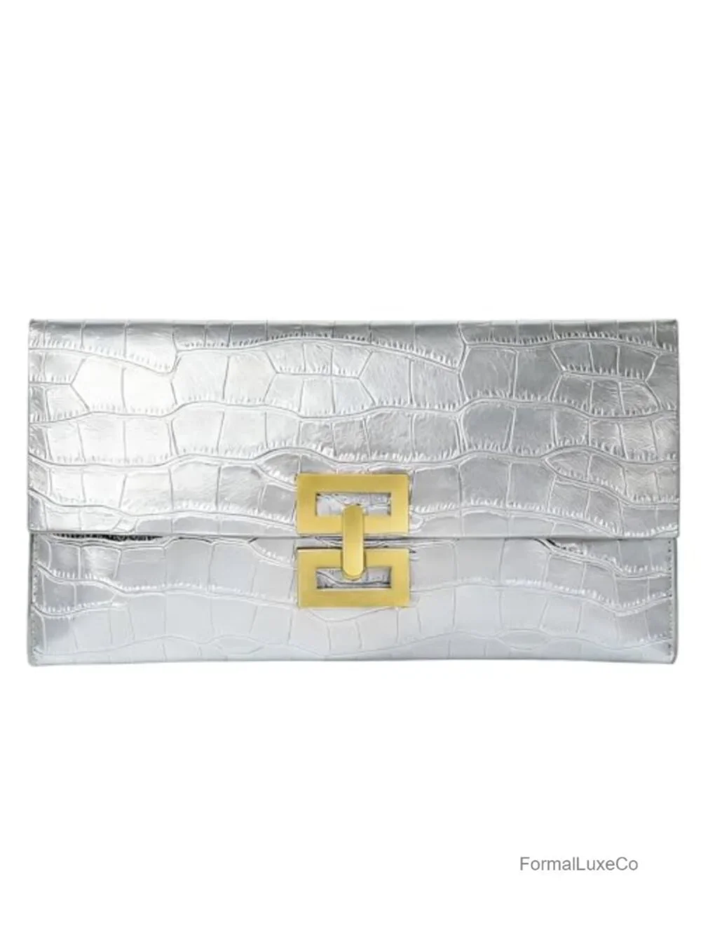 Croc-Embossed Metallic Envelope Clutch for Women, Faux Leather Evening Bag
